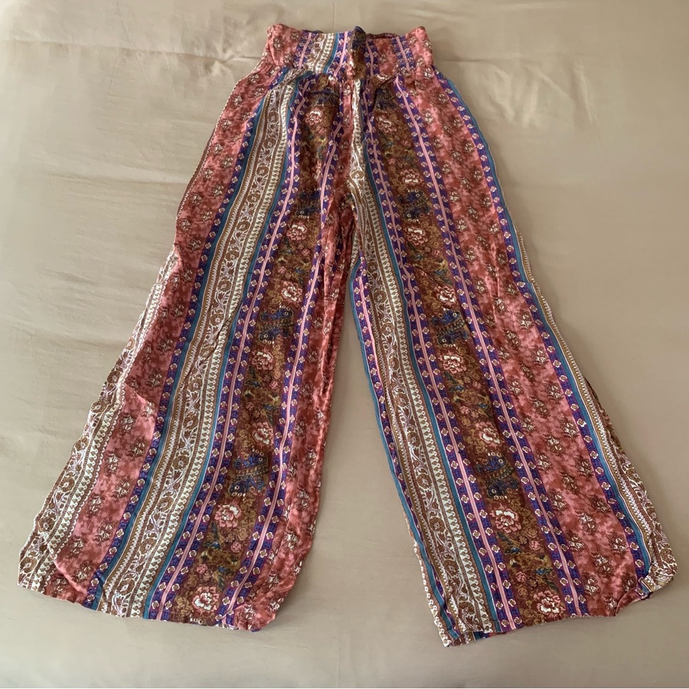 Boho Multicolor Wide-Leg Pants with leg slits